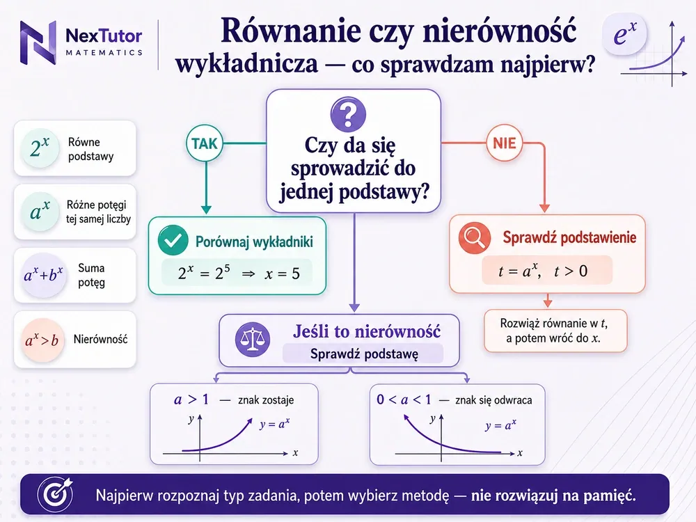Drzewo decyzyjne — pytanie "Czy da się sprowadzić do jednej podstawy?": TAK porównaj wykładniki, NIE sprawdź podstawienie t=a^x; osobna gałąź dla nierówności: a>1 znak zostaje, 0<a<1 znak się odwraca