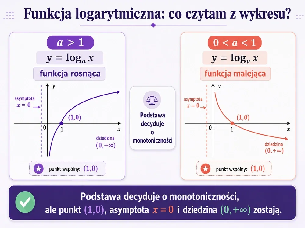 Dwa miniwykresy funkcji logarytmicznej — po lewej a>1 rosnąca, po prawej 0<a<1 malejąca; na obu punkt (1,0), asymptota pionowa x=0 i dziedzina (0,+∞)