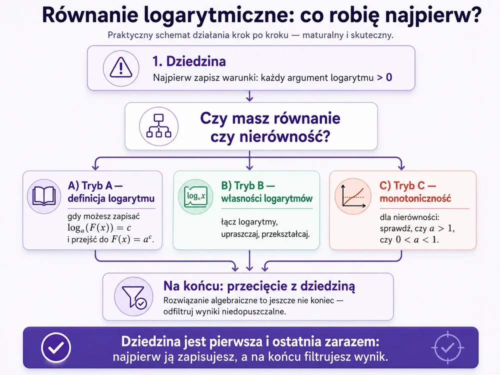 Workflow — najpierw Dziedzina (każdy argument >0), potem pytanie równanie czy nierówność z trzema trybami: A definicja logarytmu, B własności logarytmów, C monotoniczność; na końcu przecięcie z dziedziną