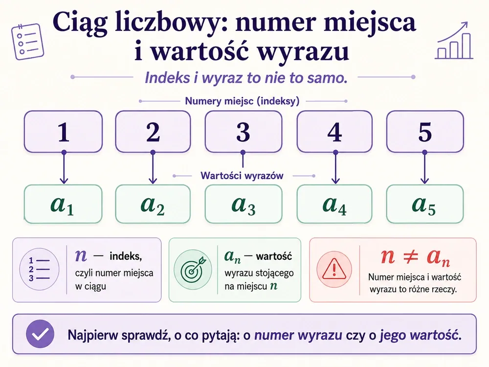 Rząd pól z numerami miejsc 1,2,3,4,5 (indeksy) i pod nimi odpowiadające wartości a1,a2,a3,a4,a5; podpis: n to indeks (numer miejsca), a_n to wartość, n różne od a_n