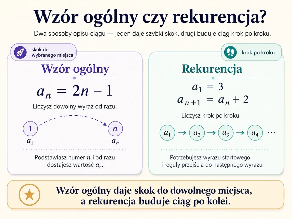 Dwie karty — wzór ogólny a_n=2n-1 (liczysz dowolny wyraz od razu, skok do miejsca n) oraz rekurencja a_1=3, a_{n+1}=a_n+2 (liczysz krok po kroku, potrzebujesz wyrazu startowego)