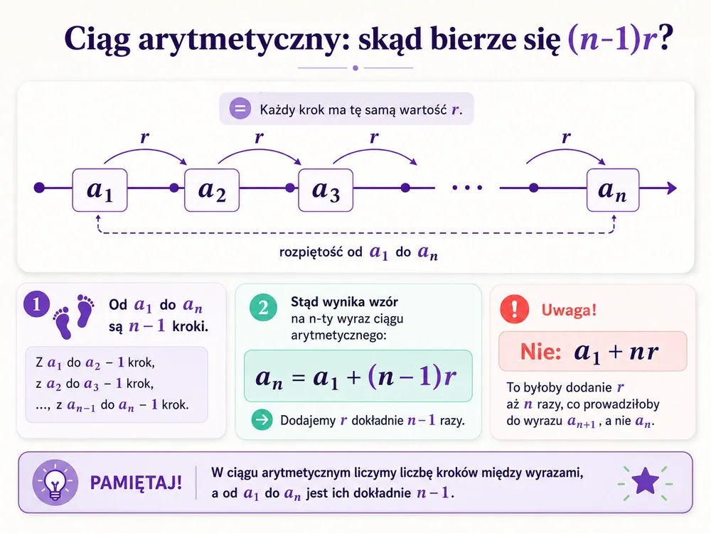 Oś z wyrazami a1, a2, a3, ..., an i równymi skokami r między nimi; podpis: od a1 do an jest n-1 kroków, więc a_n=a1+(n-1)r, a nie a1+nr