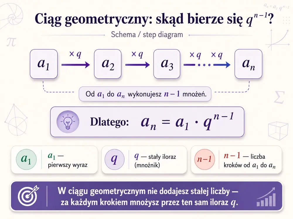 Ciąg a1, a2, a3, ..., an z mnożeniami przez q między kolejnymi wyrazami; podpis: od a1 do an wykonujesz n-1 mnożeń, dlatego a_n=a1 razy q do potęgi n-1