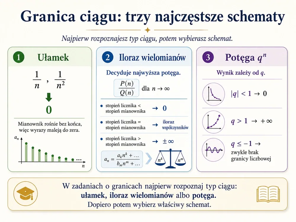 Trzy karty schematów granicy — 1) ułamek 1/n, 1/n^2 dąży do 0; 2) iloraz wielomianów: decyduje najwyższa potęga; 3) potęga q^n: wynik zależy od q
