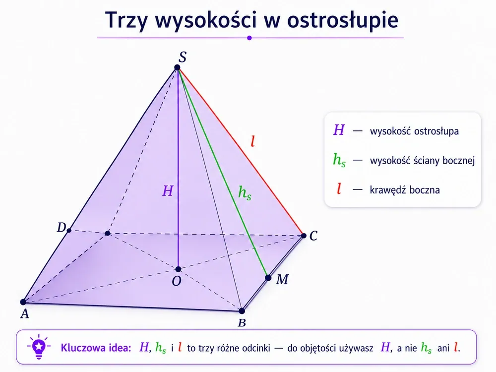 Ostrosłup prawidłowy czworokątny z trzema zaznaczonymi odcinkami w różnych kolorach — H (wysokość ostrosłupa, z wierzchołka do środka podstawy), h_s (wysokość ściany bocznej, do środka boku) oraz l (krawędź boczna, do wierzchołka podstawy)