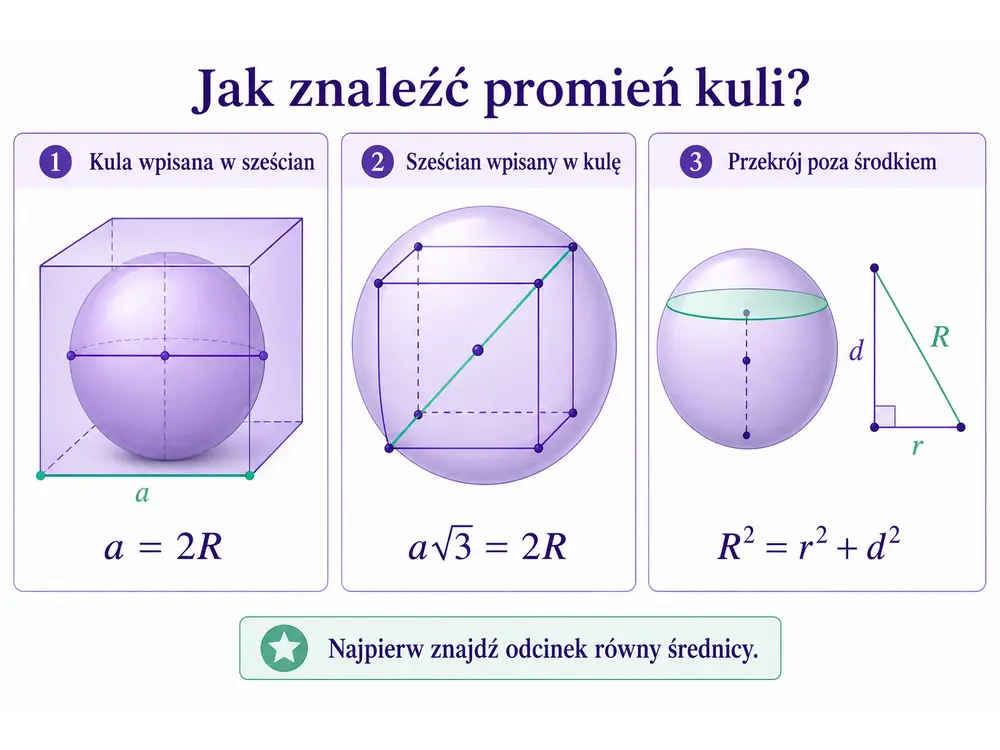Trzy panele — kula wpisana w sześcian (styczna do ścian, a=2R), sześcian wpisany w kulę czyli kula opisana (przez wierzchołki, a√3=2R) oraz przekrój kuli poza środkiem (R²=r²+d²)