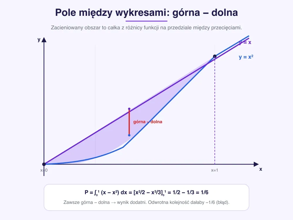 Układ współrzędnych z prostą y=x i parabolą y=x² przecinającymi się w punktach (0,0) i (1,1), zacieniowany obszar między nimi na przedziale [0,1], pionowy pasek pokazujący wysokość górna minus dolna oraz wynik P=1/6