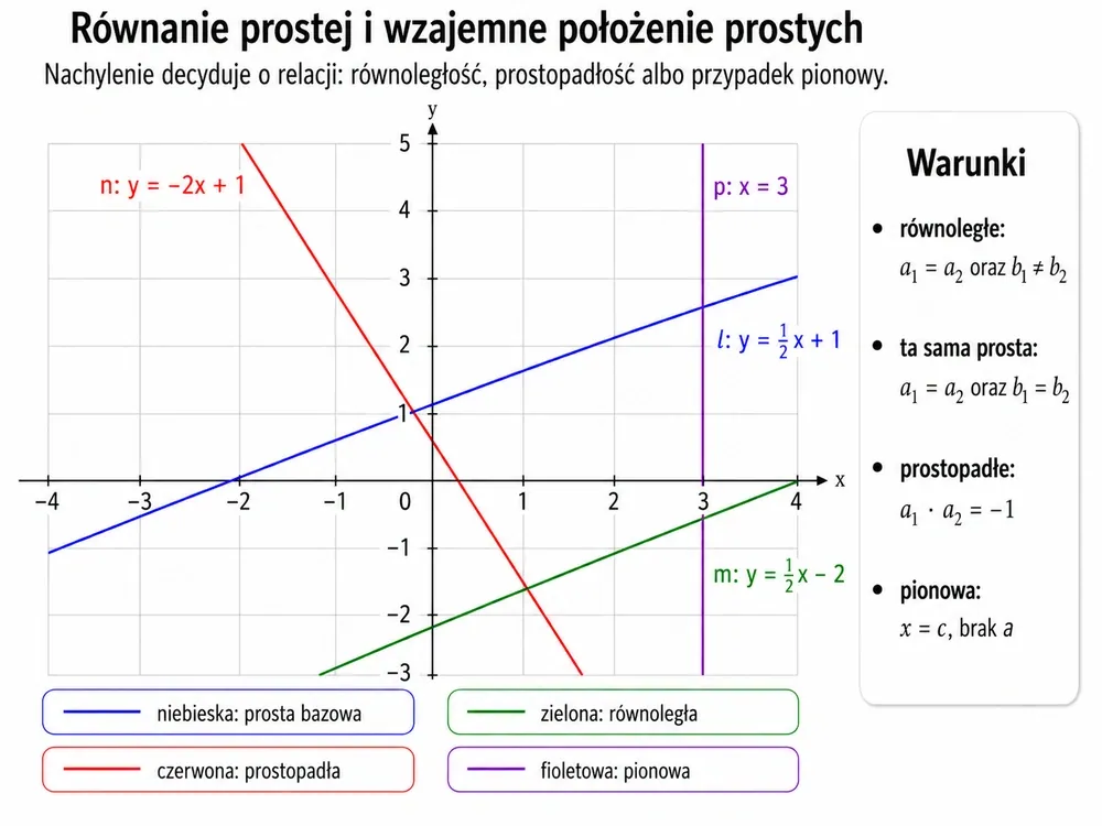 Układ współrzędnych z prostą bazową l: y=½x+1, równoległą m: y=½x-2, prostopadłą n: y=-2x+1 i pionową p: x=3; panel z warunkami położenia
