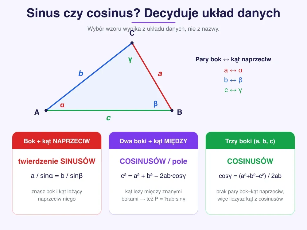 Trójkąt ABC z bokami a, b, c i kątami α, β, γ oraz trzy kafle wyboru — bok i kąt naprzeciw daje sinusów, dwa boki i kąt między daje cosinusów lub pole, trzy boki dają cosinusów