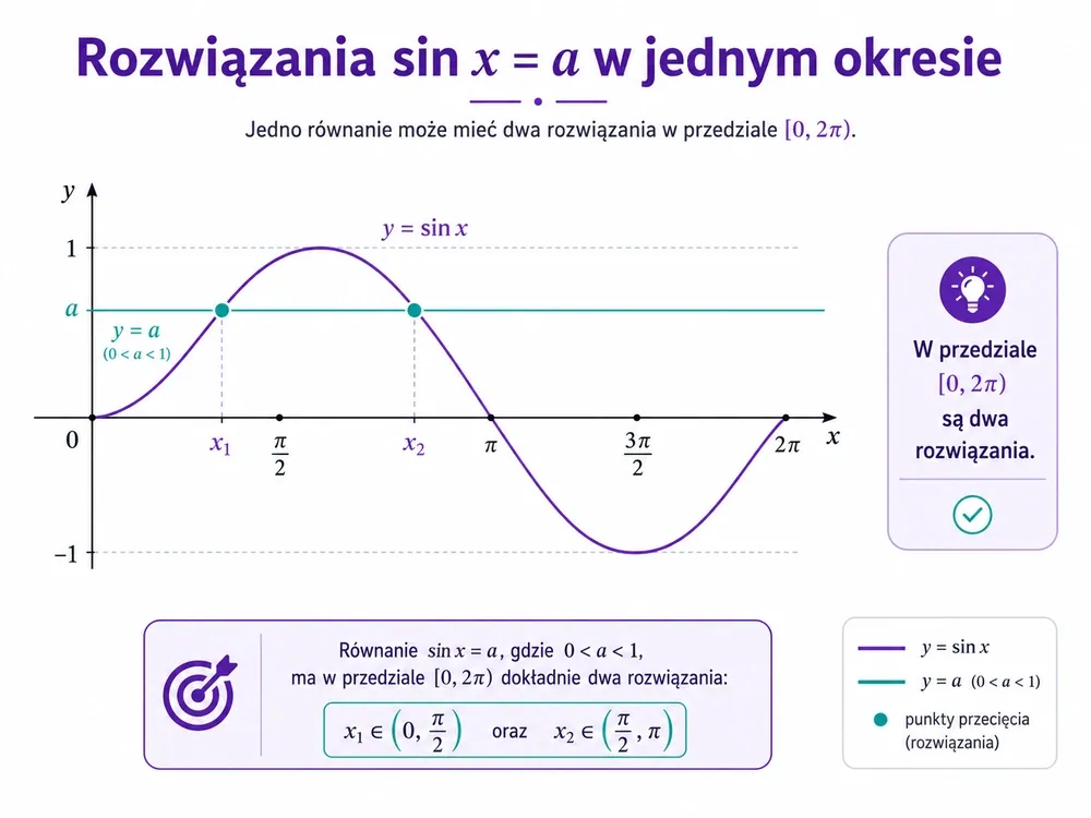 Wykres y=sin x na przedziale od 0 do 2π z poziomą linią y=a przecinającą wykres w dwóch punktach x1 i x2