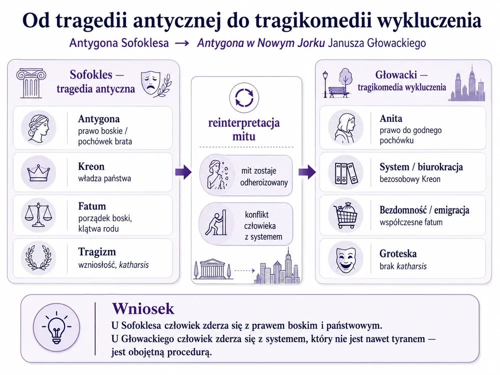 Od tragedii antycznej do tragikomedii wykluczenia: u Sofoklesa Antygona, Kreon, fatum i tragizm; u Głowackiego Anita, system/biurokracja, bezdomność i groteska — mit Antygony przepisany przez wykluczenie