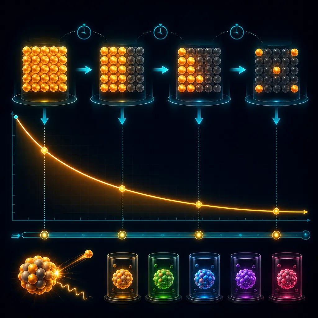 Rozpad promieniotwórczy — okres połowicznego rozpadu i wzór N = N₀(½)^(t/T)