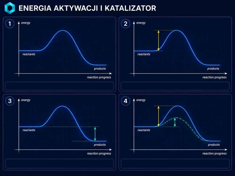 Energia aktywacji — jak katalizator przyspiesza reakcję? — storyboard krok po kroku