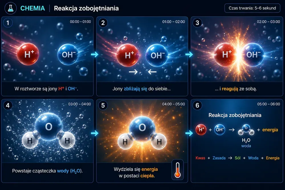 Reakcja zobojętniania — H⁺ + OH⁻ → H₂O — storyboard krok po kroku