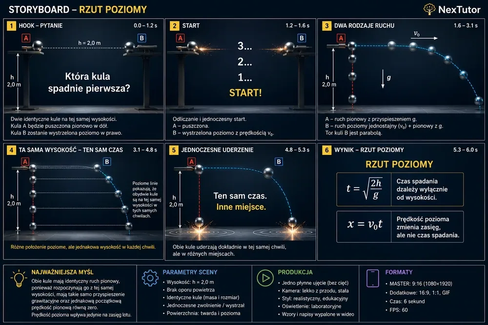 Rzut poziomy — dlaczego obie kule spadają w tym samym czasie? — storyboard krok po kroku