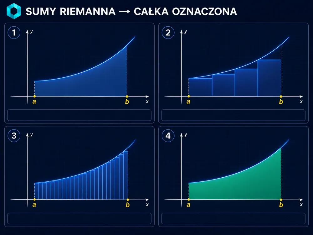 Sumy Riemanna — od prostokątów do całki oznaczonej — storyboard krok po kroku